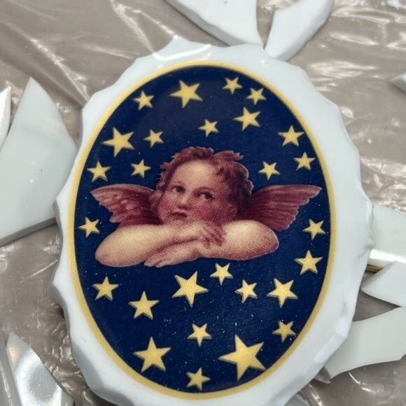 Cherub Broken China Pendant Caged in Silver Blend Metalwork with Crystal Beads - Picture 9 of 15